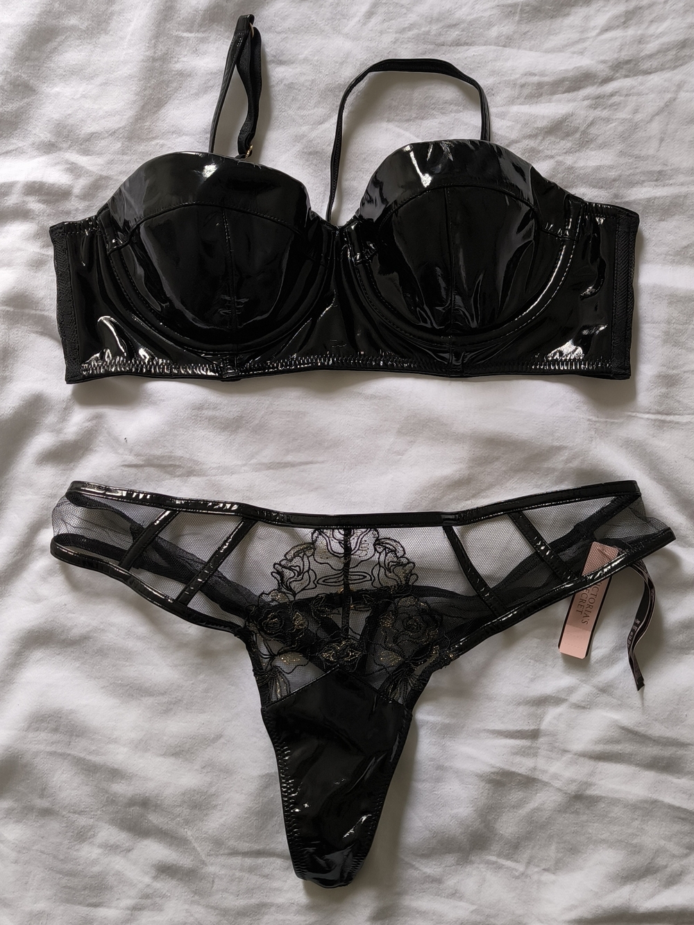 Victoria's Secret Black Patent & Mesh Lingerie Set